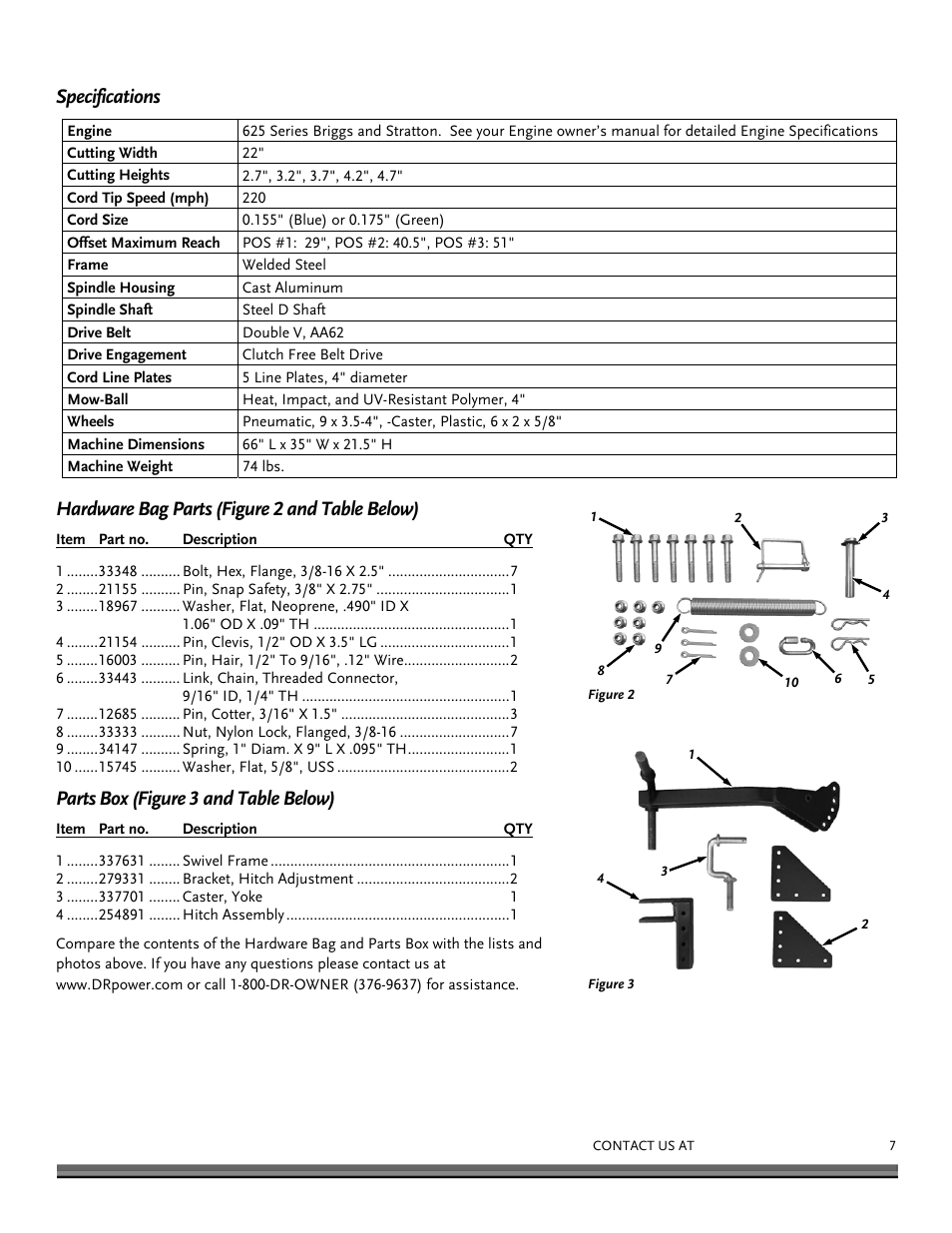 Specifications, Hardware bag parts (figure 2 and table below), Parts box (figure 3 and table below) | DR Power Tow-Behind Yard Trimmer User Manual | Page 7 / 28