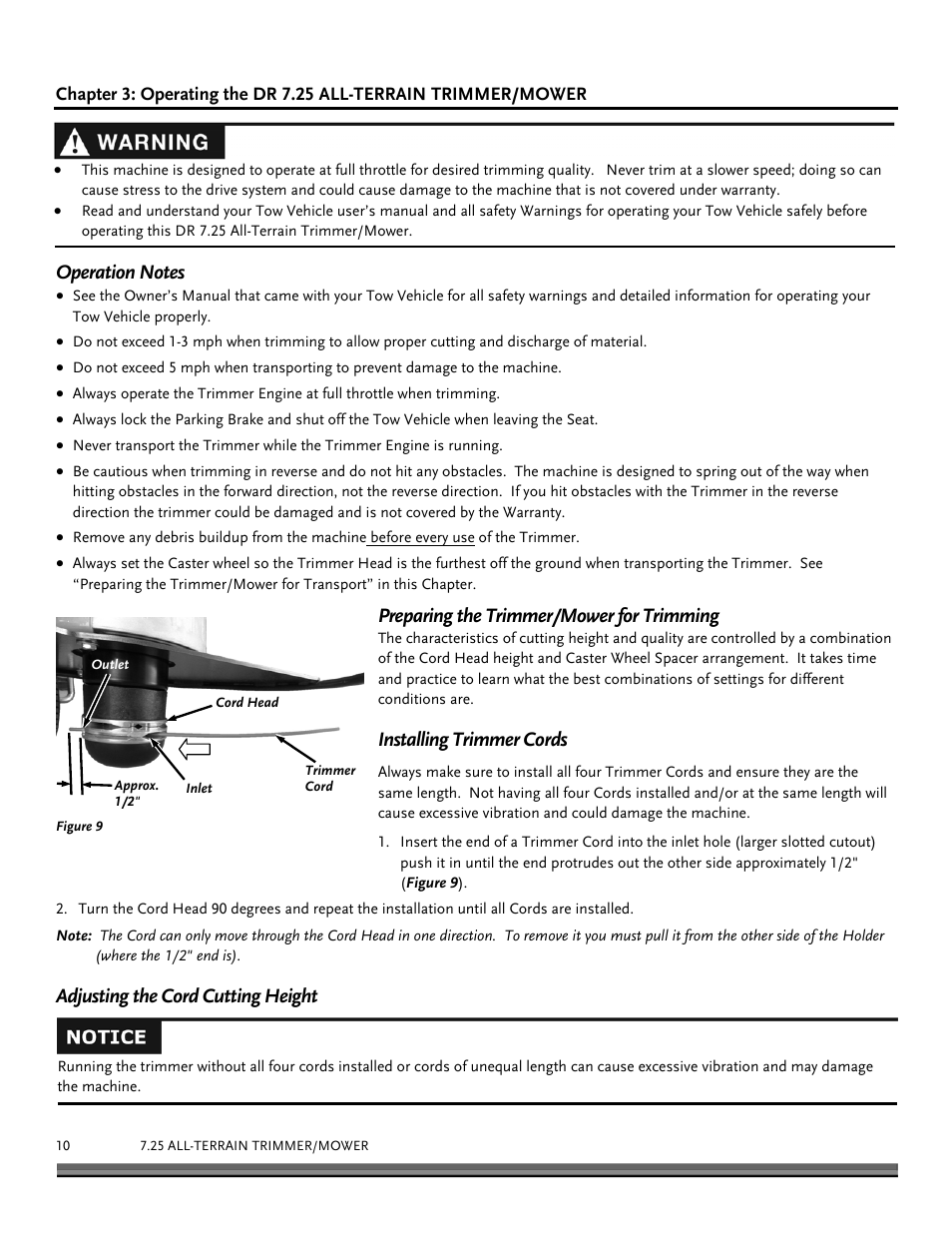 Preparing the trimmer/mower for trimming, Installing trimmer cords, Adjusting the cord cutting height | DR Power Tow-Behind All Terrain User Manual | Page 10 / 28