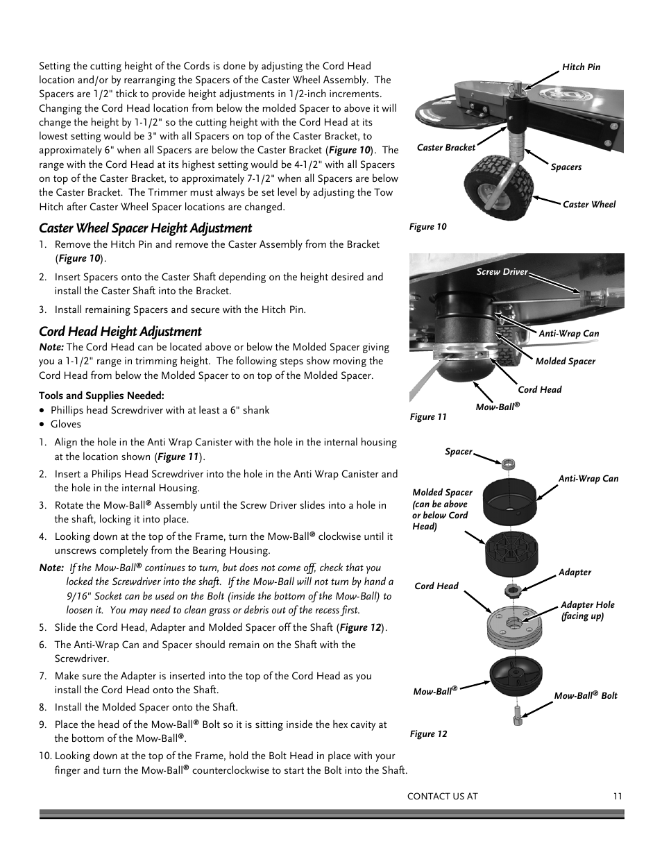 Caster wheel spacer height adjustment, Cord head height adjustment | DR Power Tow-Behind All Terrain User Manual | Page 11 / 28