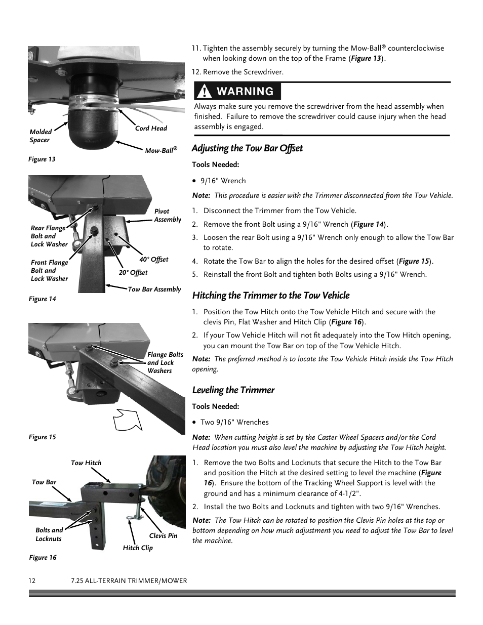 Adjusting the tow bar offset, Hitching the trimmer to the tow vehicle, Leveling the trimmer | DR Power Tow-Behind All Terrain User Manual | Page 12 / 28