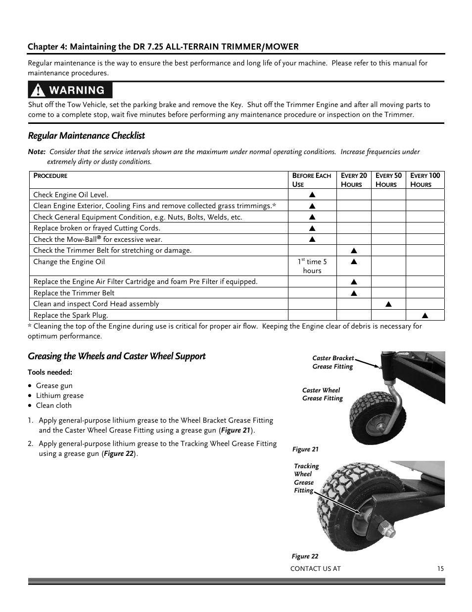 Regular maintenance checklist, Greasing the wheels and caster wheel support | DR Power Tow-Behind All Terrain User Manual | Page 15 / 28