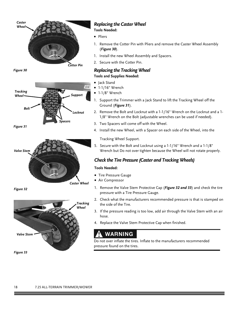 Replacing the caster wheel, Replacing the tracking wheel | DR Power Tow-Behind All Terrain User Manual | Page 18 / 28