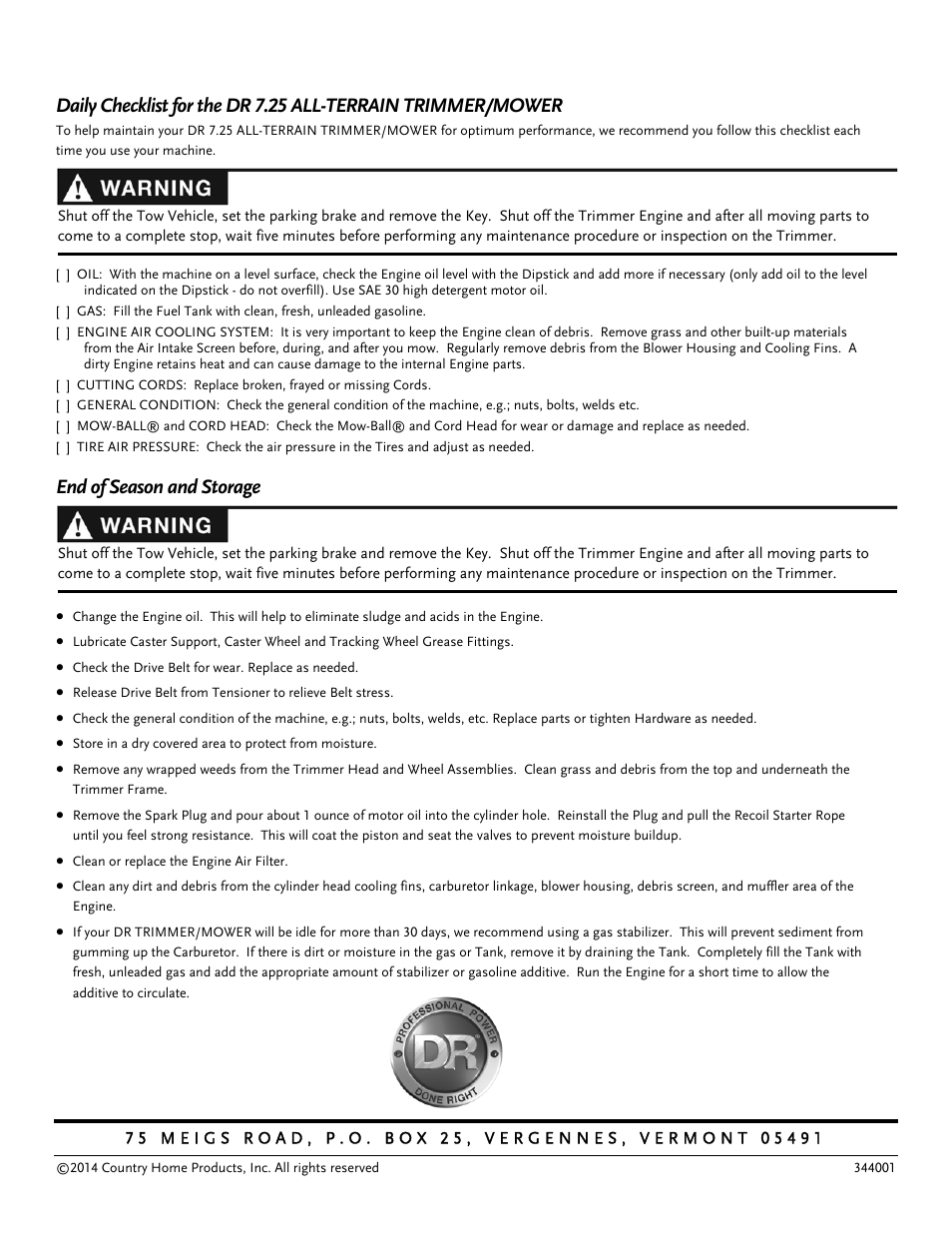 End of season and storage | DR Power Tow-Behind All Terrain User Manual | Page 28 / 28