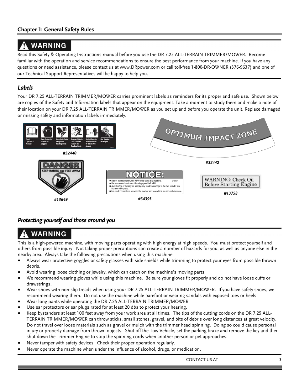 Labels, Protecting yourself and those around you | DR Power Tow-Behind All Terrain User Manual | Page 3 / 28