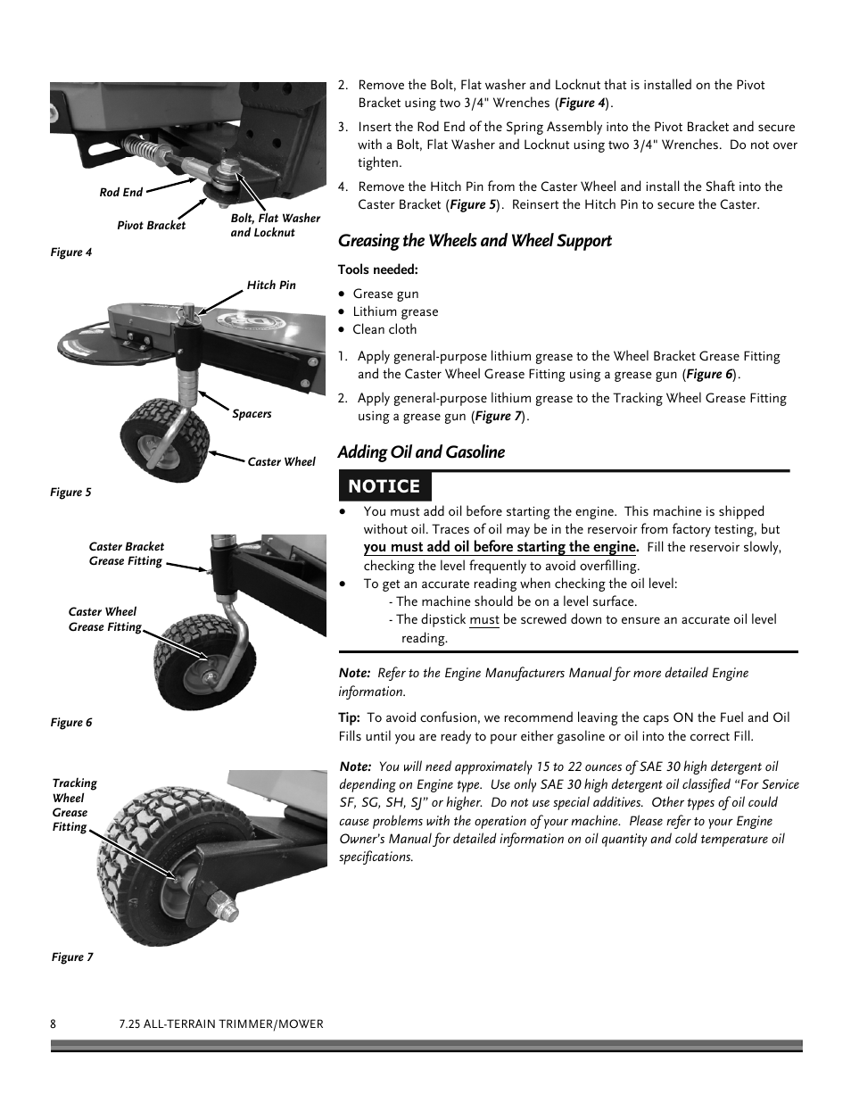 Greasing the wheels and wheel support, Adding oil and gasoline | DR Power Tow-Behind All Terrain User Manual | Page 8 / 28