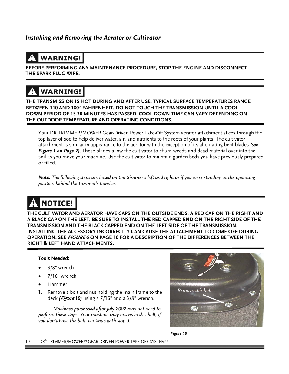 Installing and removing the aerator or cultivator | DR Power Power Take-Off (PTO) System User Manual | Page 14 / 22