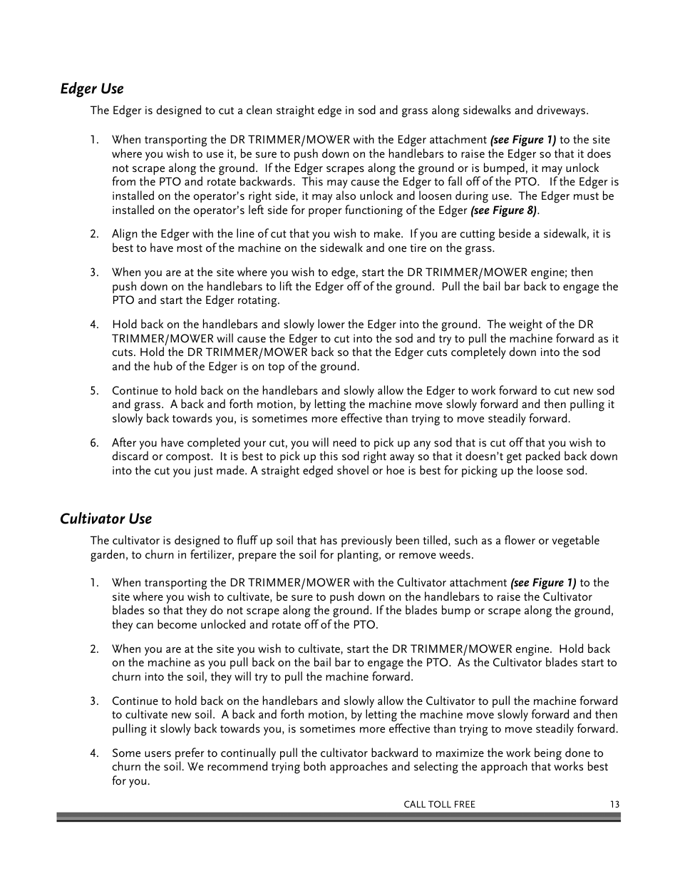 Edger use, Cultivator use | DR Power Power Take-Off (PTO) System User Manual | Page 17 / 22