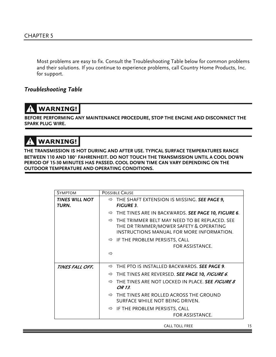 Chapter 5, Troubleshooting and warranty, Troubleshooting table | DR Power Power Take-Off (PTO) System User Manual | Page 19 / 22