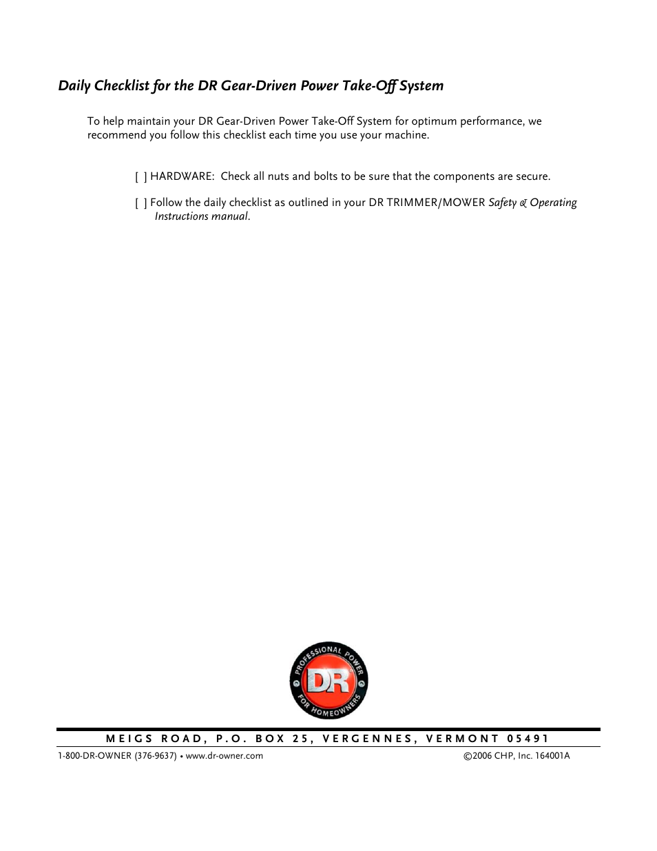 DR Power Power Take-Off (PTO) System User Manual | Page 22 / 22
