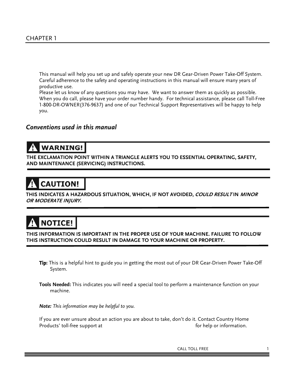 Chapter 1, Conventions used in this manual | DR Power Power Take-Off (PTO) System User Manual | Page 5 / 22