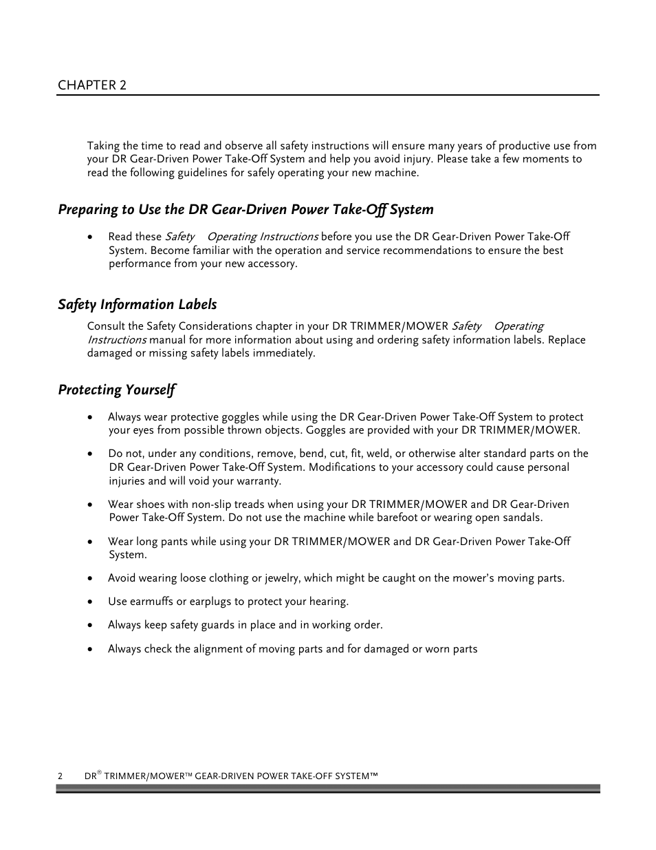Chapter 2, Safety considerations, Safety information labels | Protecting yourself | DR Power Power Take-Off (PTO) System User Manual | Page 6 / 22
