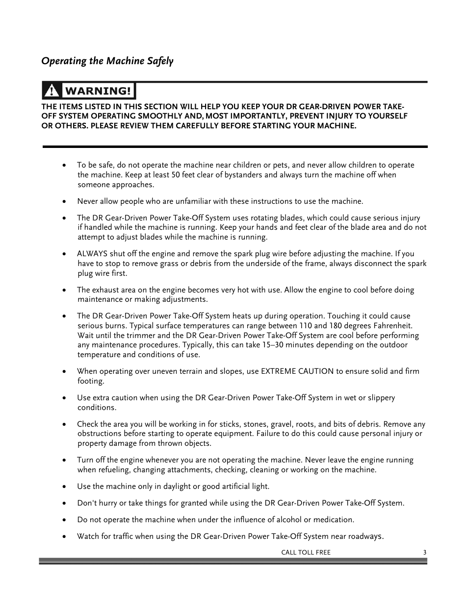 Operating the machine safely | DR Power Power Take-Off (PTO) System User Manual | Page 7 / 22