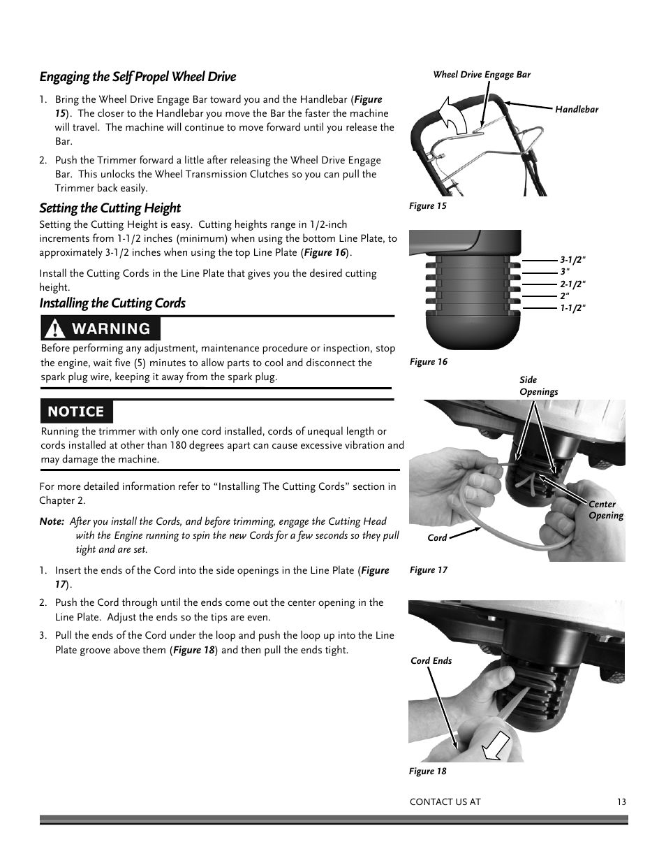 Engaging the self propel wheel drive, Setting the cutting height, Installing the cutting cords | DR Power Self-Propelled Pro-XL Self-Propelled 8.26fpt Subaru User Manual | Page 13 / 40