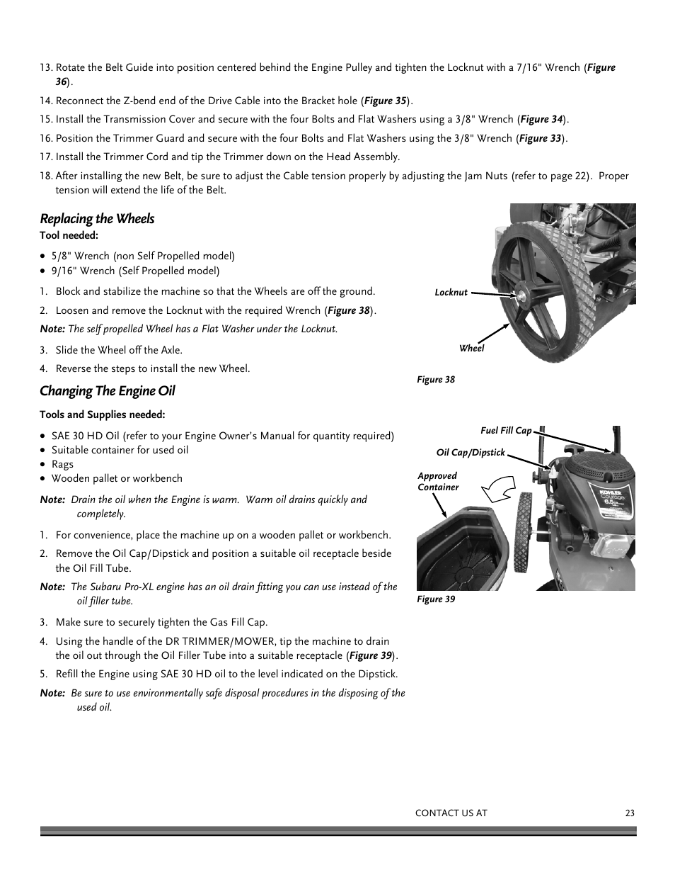 Replacing the wheels, Changing the engine oil | DR Power Self-Propelled Pro-XL Self-Propelled 8.26fpt Subaru User Manual | Page 23 / 40
