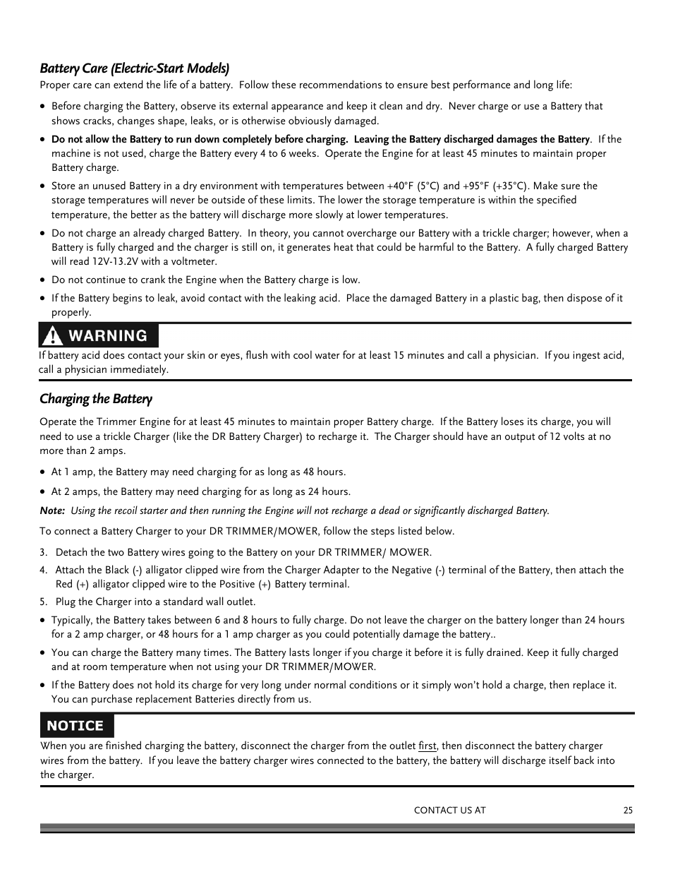 Battery care (electric-start models), Charging the battery | DR Power Self-Propelled Pro-XL Self-Propelled 8.26fpt Subaru User Manual | Page 25 / 40