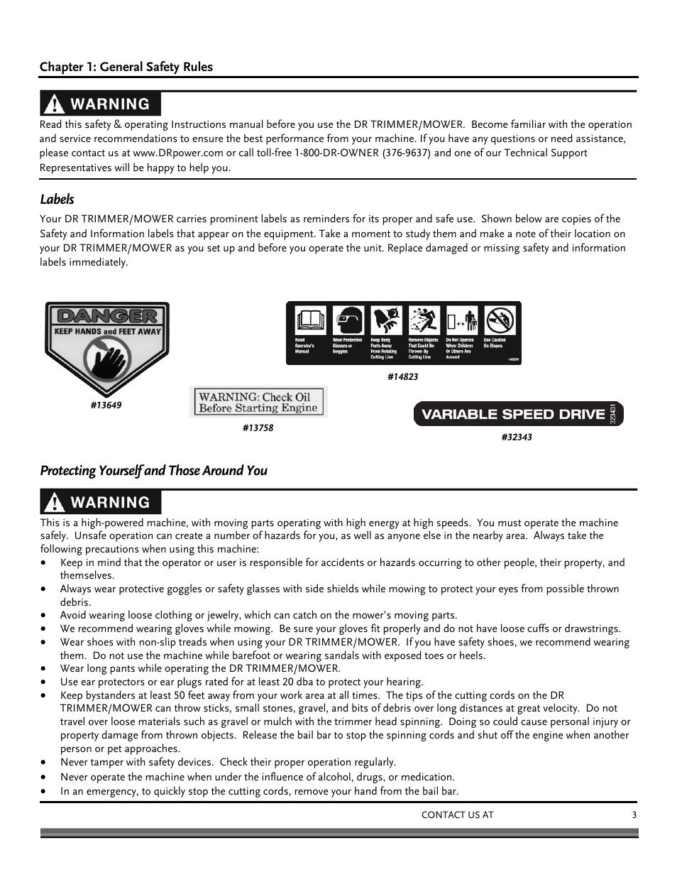 Labels, Protecting yourself and those around you | DR Power Self-Propelled Pro-XL Self-Propelled 8.26fpt Subaru User Manual | Page 3 / 40