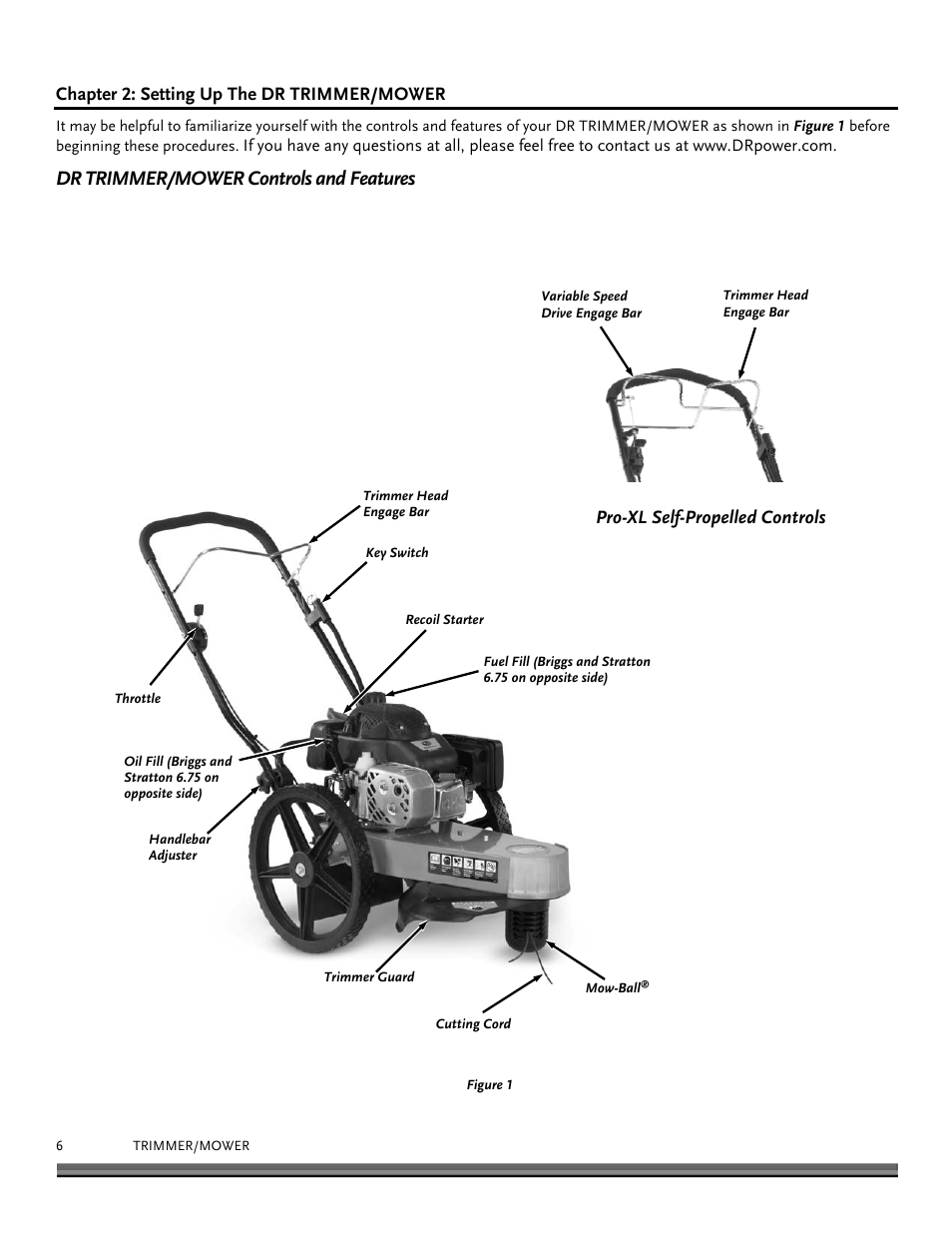 Dr trimmer/mower controls and features | DR Power Self-Propelled Pro-XL Self-Propelled 8.26fpt Subaru User Manual | Page 6 / 40