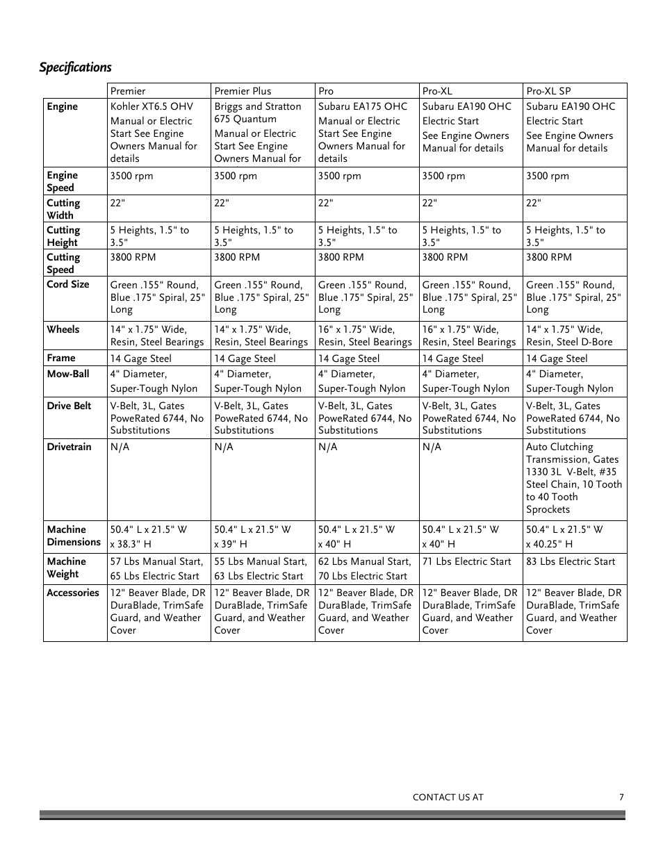 Specifications | DR Power Self-Propelled Pro-XL Self-Propelled 8.26fpt Subaru User Manual | Page 7 / 40