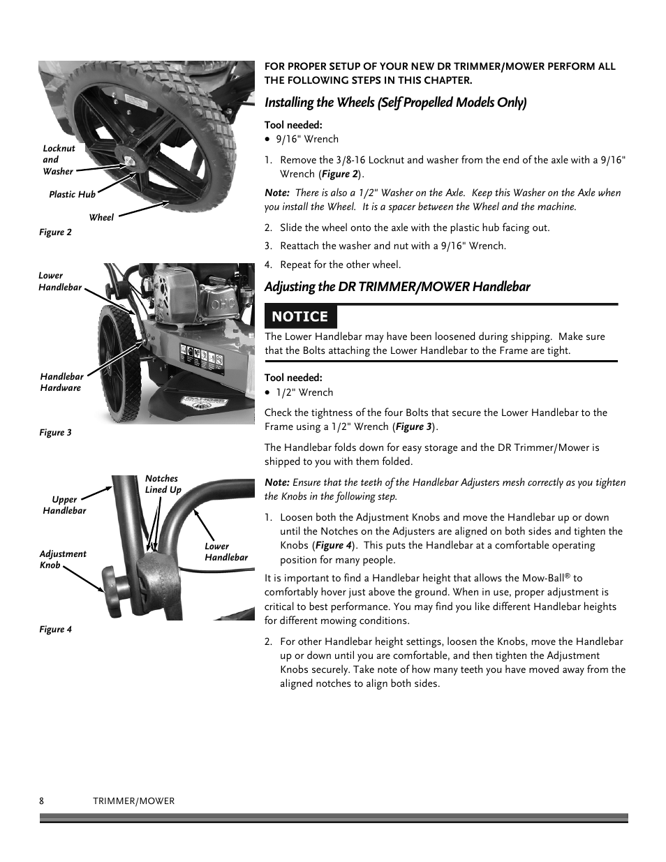 Installing the wheels (self propelled models only), Adjusting the dr trimmer/mower handlebar | DR Power Self-Propelled Pro-XL Self-Propelled 8.26fpt Subaru User Manual | Page 8 / 40