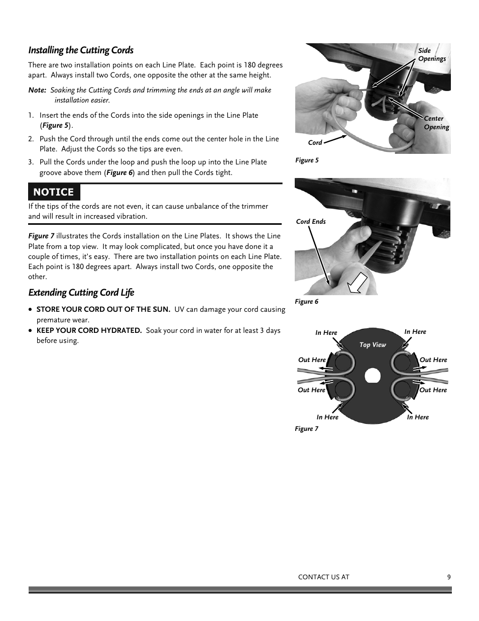 Installing the cutting cords, Extending cutting cord life | DR Power Self-Propelled Pro-XL Self-Propelled 8.26fpt Subaru User Manual | Page 9 / 40