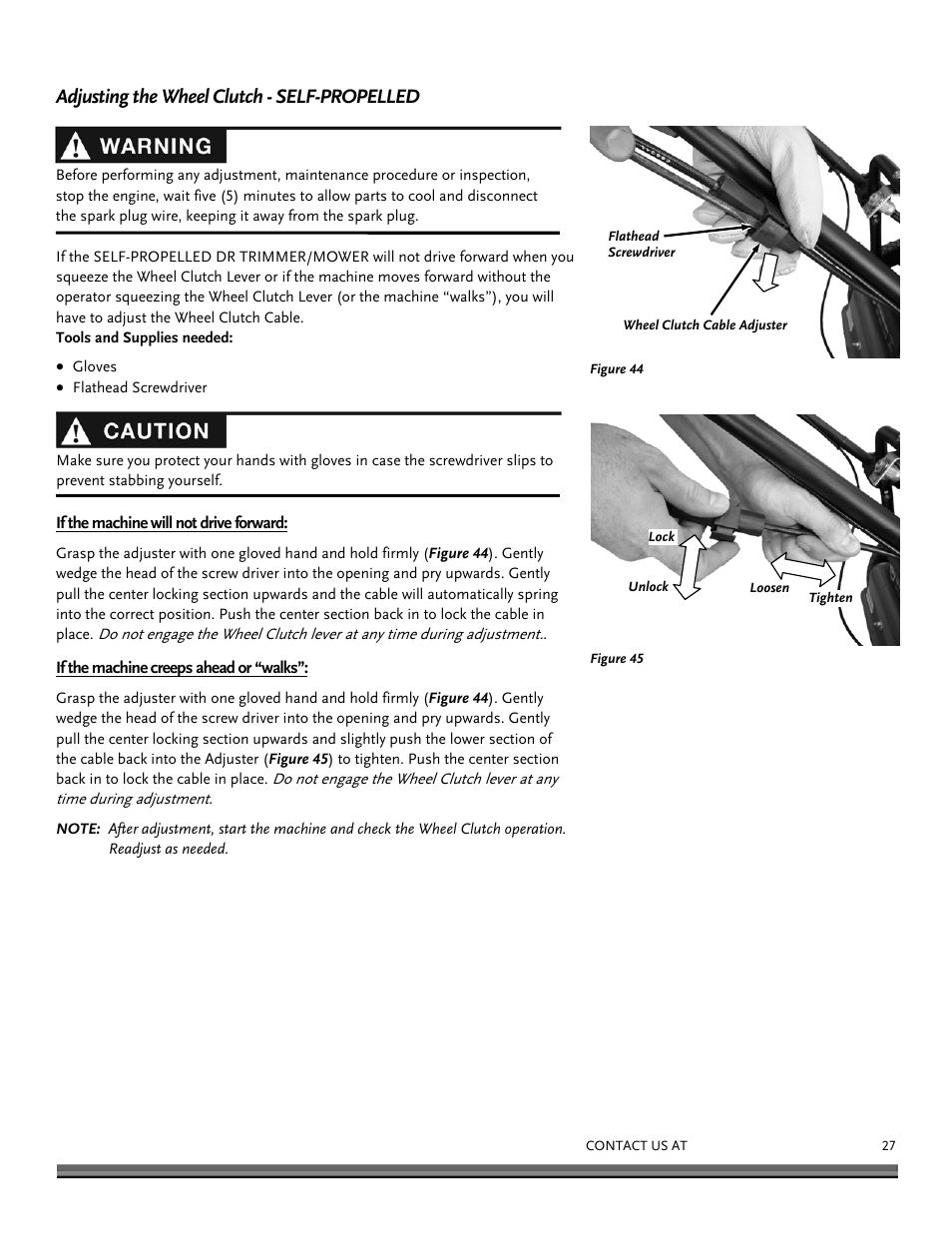 Adjusting the wheel clutch - self-propelled | DR Power Self-Propelled 6.75 Pro-XL (September 2010 - April 2013) User Manual | Page 27 / 48