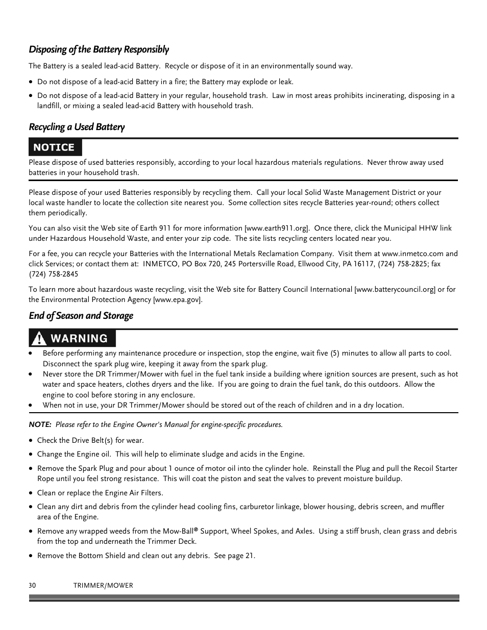 Disposing of the battery responsibly, Recycling a used battery, End of season and storage | DR Power Self-Propelled 6.75 Pro-XL (September 2010 - April 2013) User Manual | Page 30 / 48