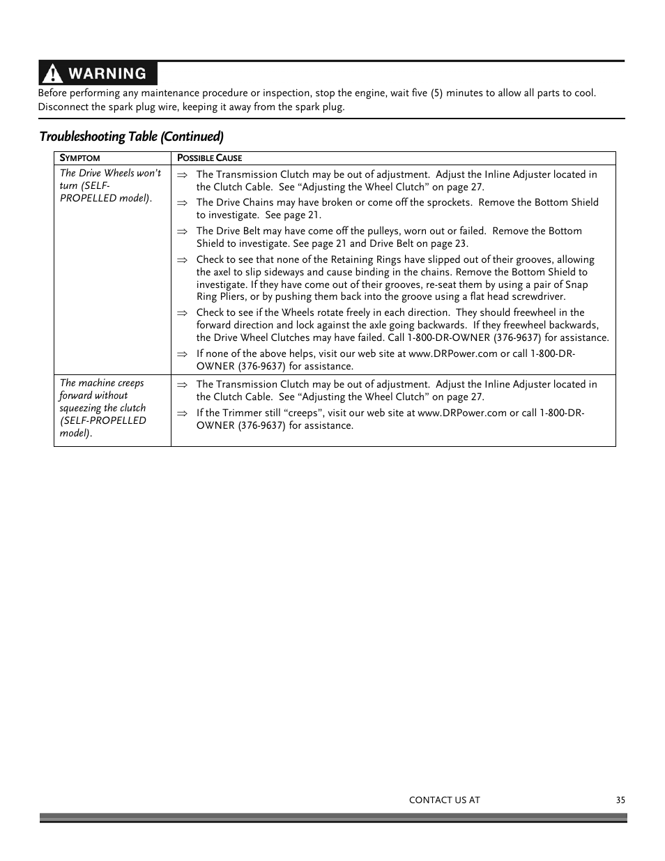 Troubleshooting table (continued) | DR Power Self-Propelled 6.75 Pro-XL (September 2010 - April 2013) User Manual | Page 35 / 48