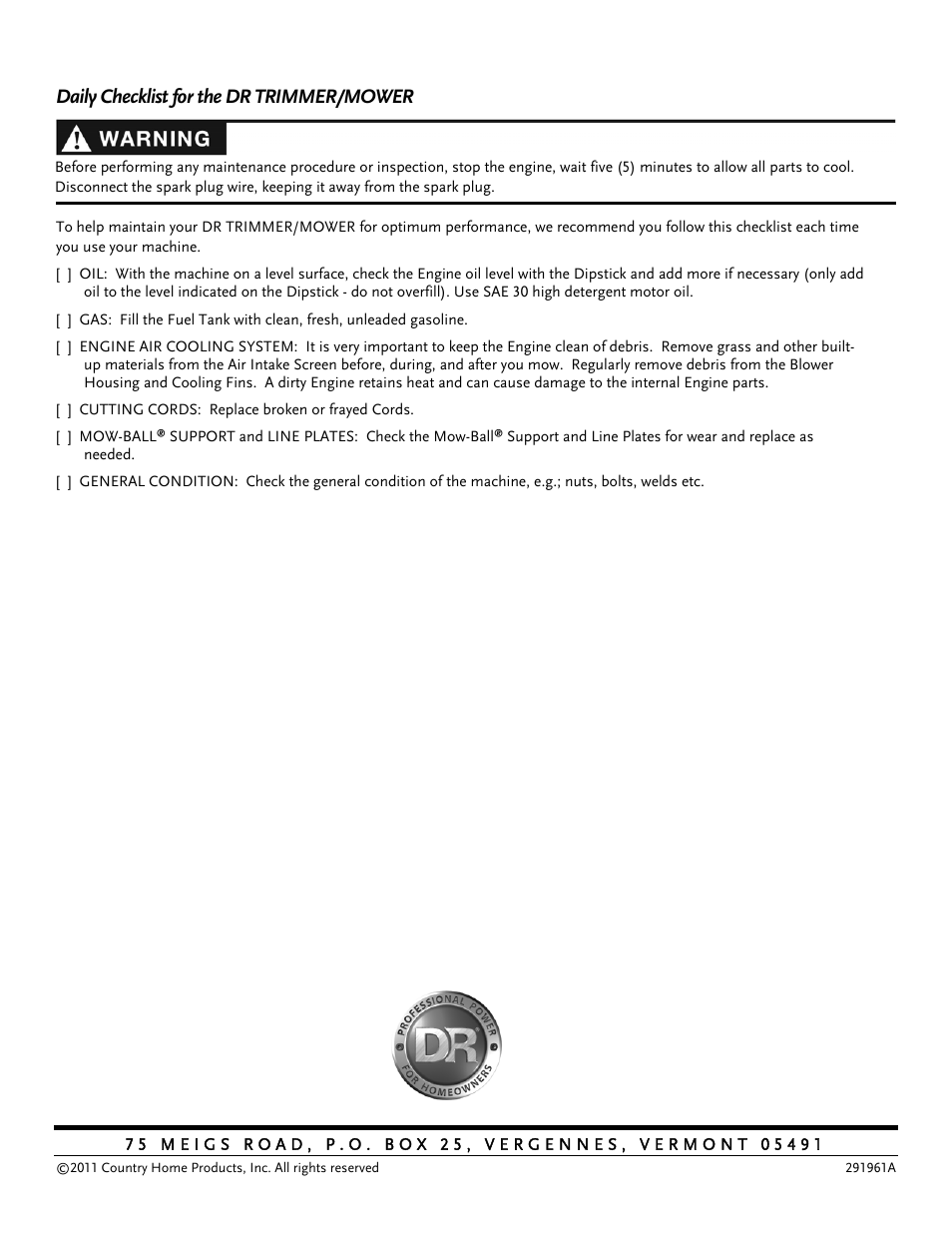 Daily checklist for the dr trimmer/mower | DR Power Self-Propelled 6.75 Pro-XL (September 2010 - April 2013) User Manual | Page 48 / 48