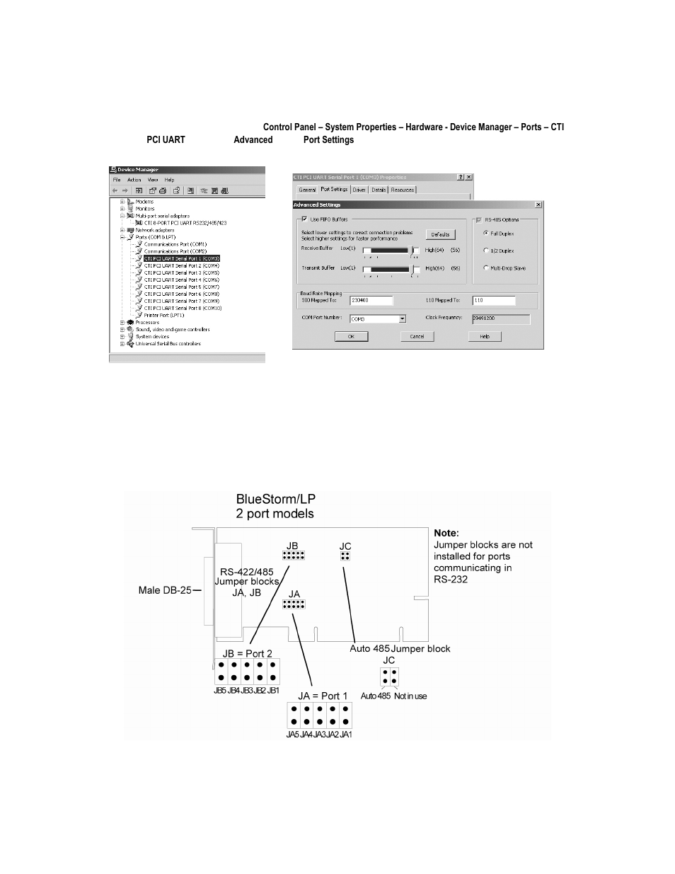 Jumper block diagrams for bluestorm, Multi-drop slave mode line bias/termination, Figure 1 | Connect Tech BLUESTORM UNIVERSAL PCI CTIM-00015 User Manual | Page 8 / 25