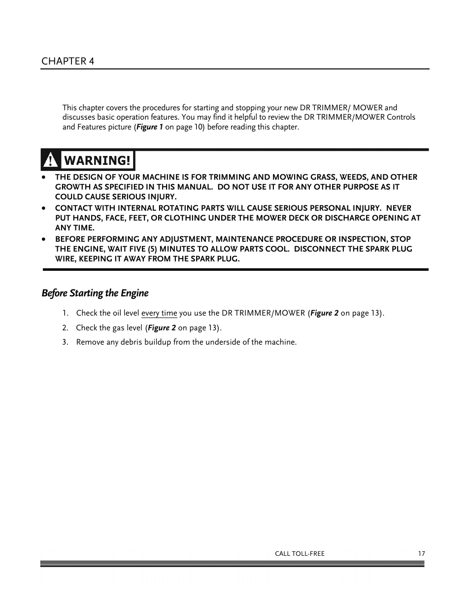 Operating your dr trimmer/mower, Chapter 4, Before starting the engine | DR Power Self-Propelled 6.75 (2004 - September 2010) User Manual | Page 21 / 68