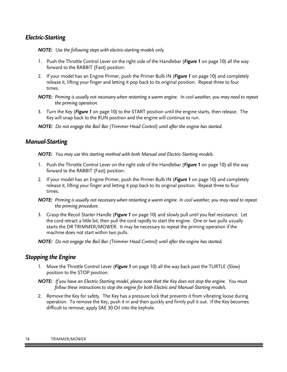 Electric-starting, Manual-starting, Stopping the engine | DR Power Self-Propelled 6.75 (2004 - September 2010) User Manual | Page 22 / 68