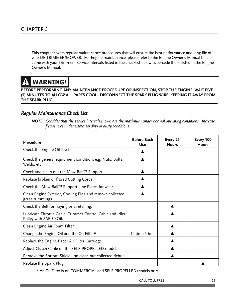 Maintaining the dr trimmer/mower, Chapter 5, Regular maintenance check list | DR Power Self-Propelled 6.75 (2004 - September 2010) User Manual | Page 33 / 68