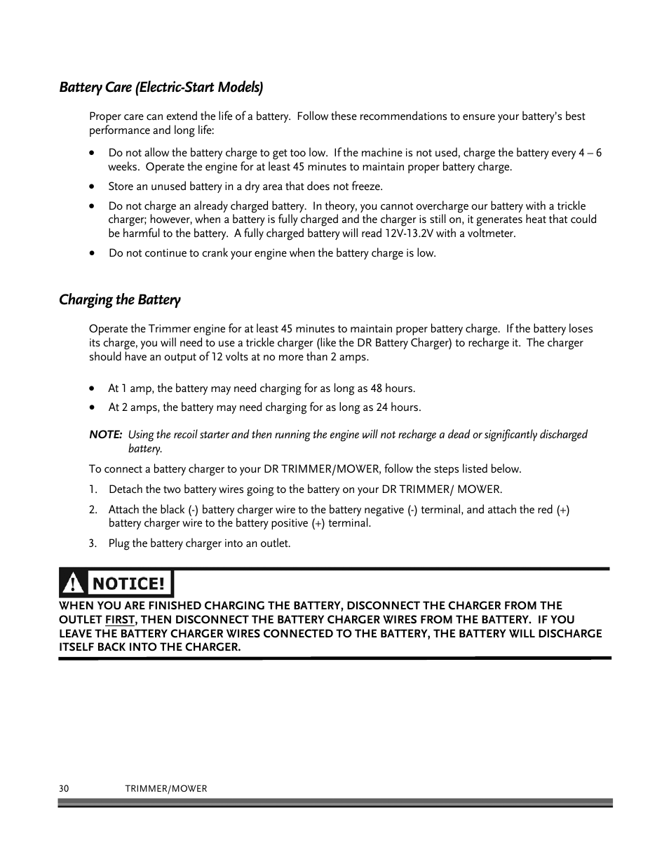 Battery care (electric-start models), Charging the battery | DR Power Self-Propelled 6.75 (2004 - September 2010) User Manual | Page 34 / 68