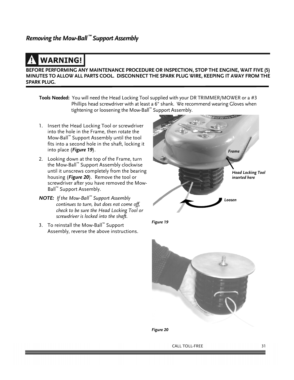 Removing the mow-ball, Support assembly | DR Power Self-Propelled 6.75 (2004 - September 2010) User Manual | Page 35 / 68