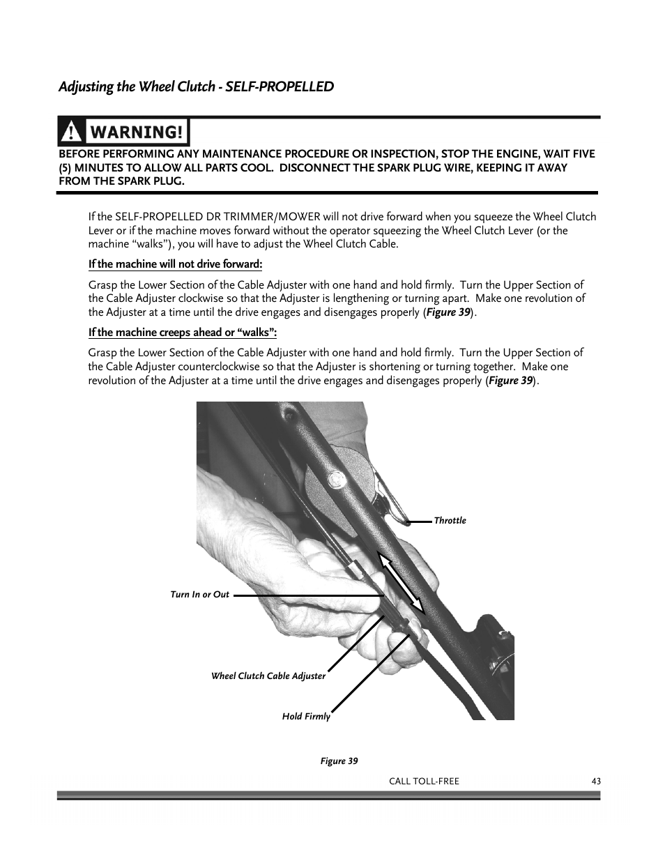 Adjusting the wheel clutch - self-propelled | DR Power Self-Propelled 6.75 (2004 - September 2010) User Manual | Page 47 / 68