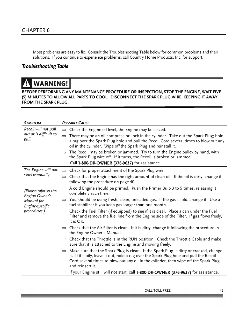 Troubleshooting, Chapter 6, Troubleshooting table | DR Power Self-Propelled 6.75 (2004 - September 2010) User Manual | Page 49 / 68