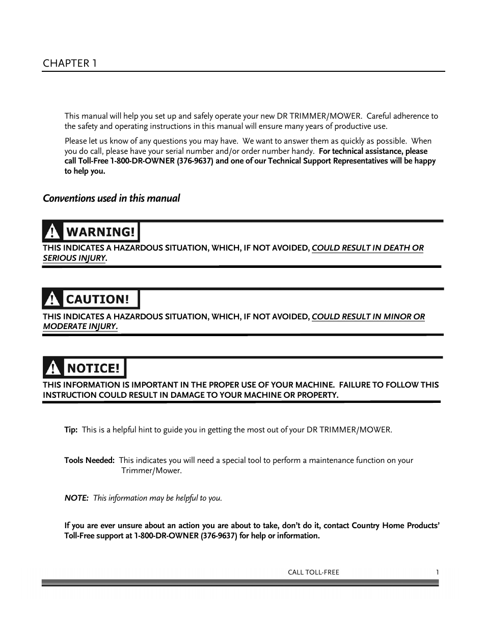 Introducing the dr trimmer/mower, Chapter 1, Conventions used in this manual | DR Power Self-Propelled 6.75 (2004 - September 2010) User Manual | Page 5 / 68