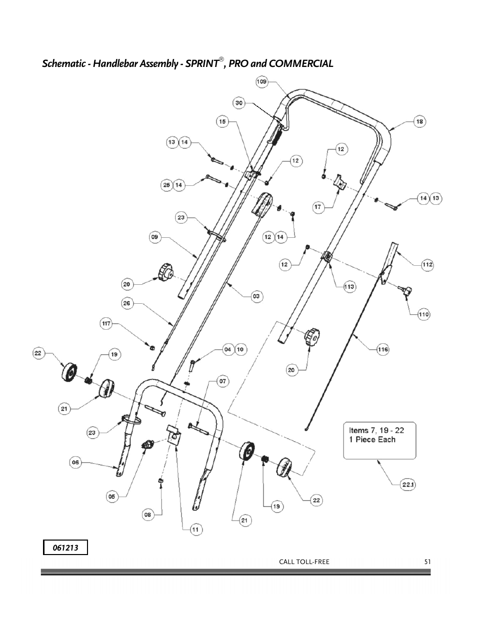 Schematic - handlebar assembly - sprint, Pro and commercial | DR Power Self-Propelled 6.75 (2004 - September 2010) User Manual | Page 55 / 68