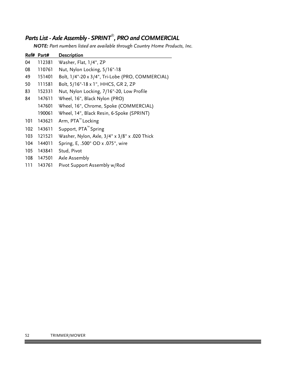 Parts list - axle assembly - sprint, Pro and commercial | DR Power Self-Propelled 6.75 (2004 - September 2010) User Manual | Page 56 / 68