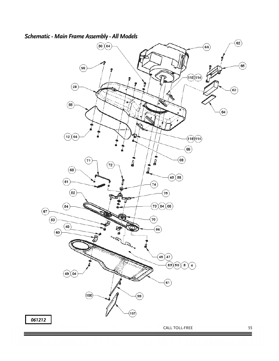 Schematic - main frame assembly - all models | DR Power Self-Propelled 6.75 (2004 - September 2010) User Manual | Page 59 / 68