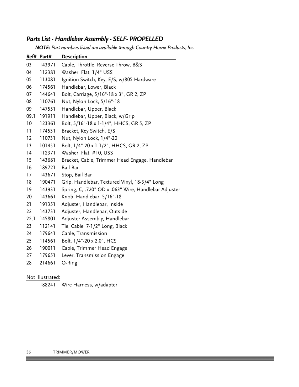 Parts list - handlebar assembly - self- propelled | DR Power Self-Propelled 6.75 (2004 - September 2010) User Manual | Page 60 / 68