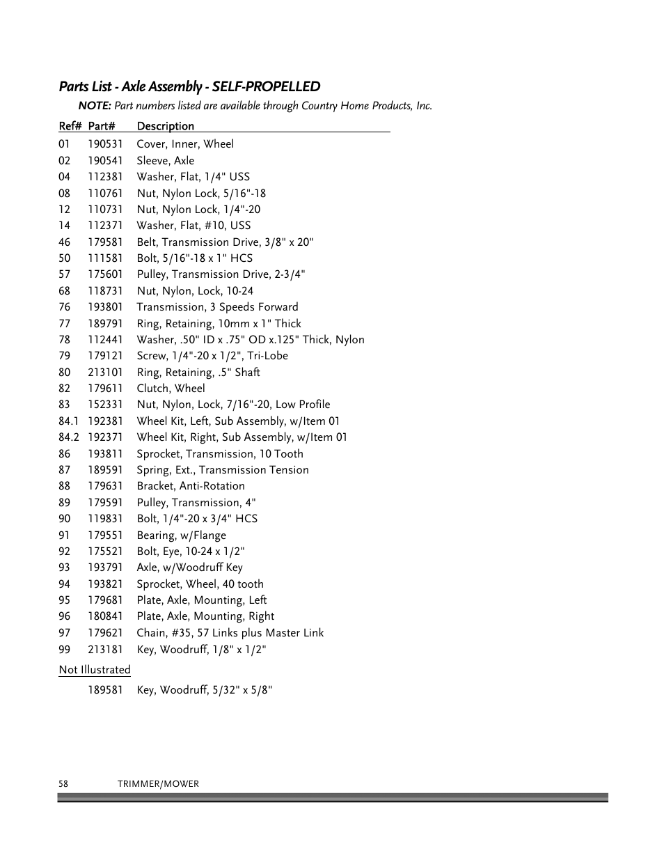 Parts list - axle assembly - self-propelled | DR Power Self-Propelled 6.75 (2004 - September 2010) User Manual | Page 62 / 68