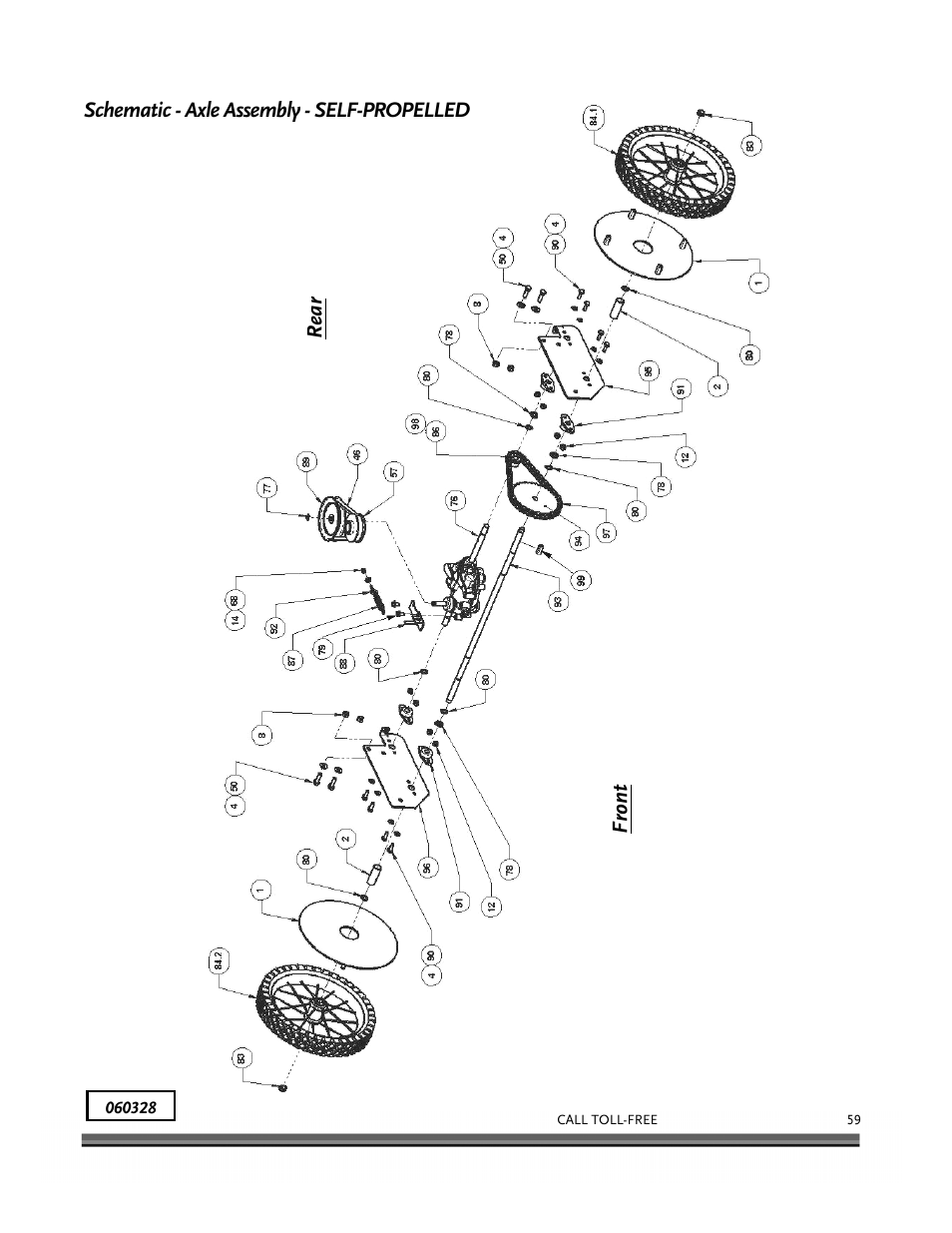 Schematic - axle assembly - self-propelled, Front rear | DR Power Self-Propelled 6.75 (2004 - September 2010) User Manual | Page 63 / 68