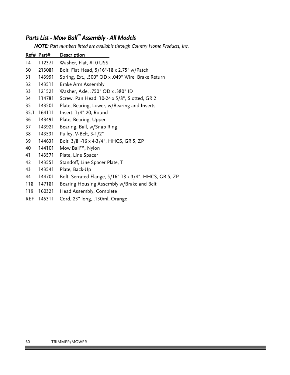 Parts list - mow ball, Assembly - all models | DR Power Self-Propelled 6.75 (2004 - September 2010) User Manual | Page 64 / 68