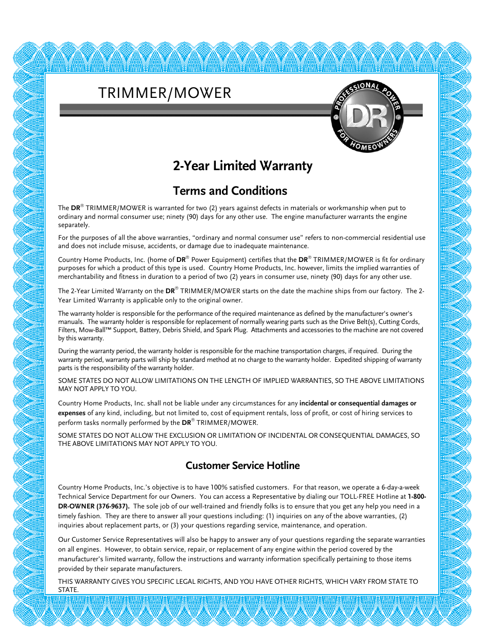 Trimmer/mower, Year limited warranty, Warranty | Terms and conditions, Customer service hotline | DR Power Self-Propelled 6.75 (2004 - September 2010) User Manual | Page 67 / 68