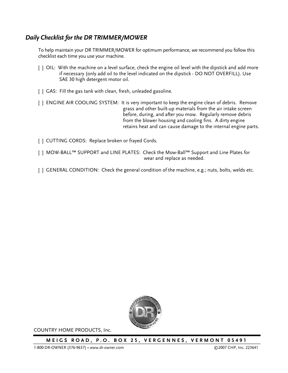 Daily checklist for the dr trimmer/mower | DR Power Self-Propelled 6.75 (2004 - September 2010) User Manual | Page 68 / 68