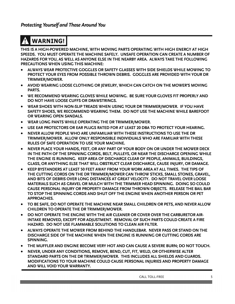 Protecting yourself and those around you | DR Power Self-Propelled 6.75 (2004 - September 2010) User Manual | Page 9 / 68