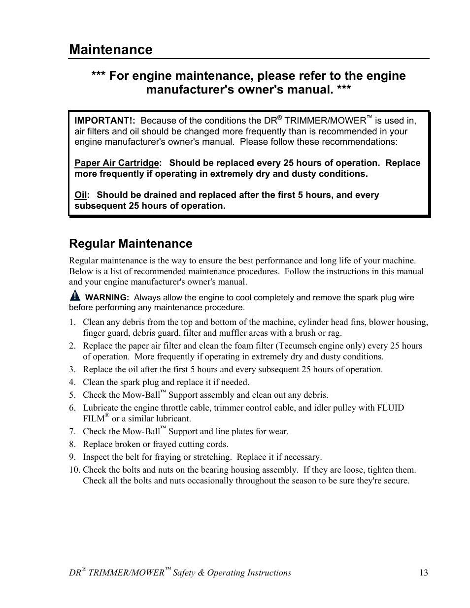 Maintenance, Regular maintenance | DR Power Sprint (2000 - 2004) User Manual | Page 19 / 36