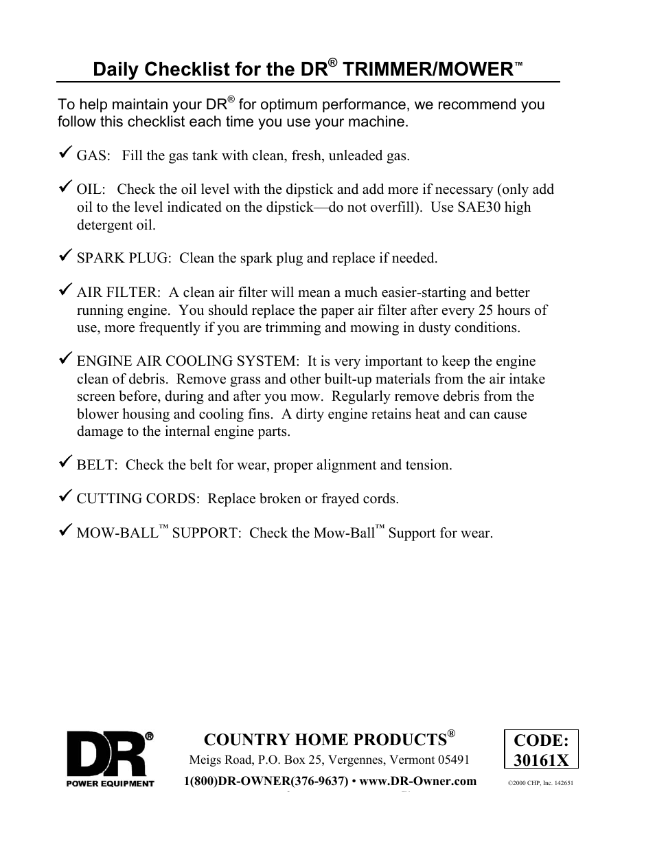 Daily checklist for the dr, Trimmer/mower | DR Power Sprint (2000 - 2004) User Manual | Page 36 / 36