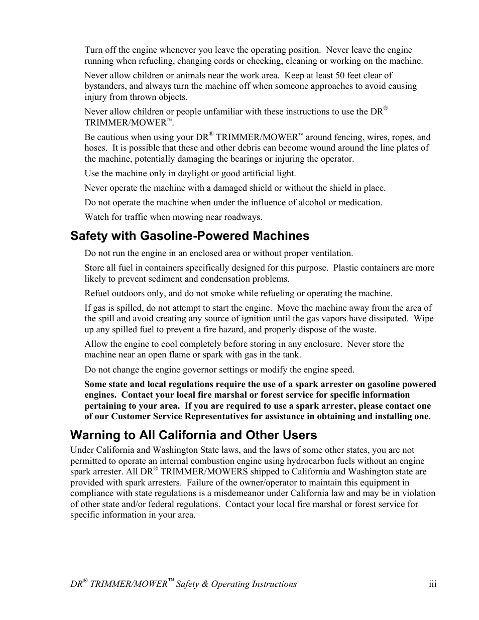 Safety with gasoline-powered machines, Warning to all california and other users | DR Power Sprint (2000 - 2004) User Manual | Page 5 / 36